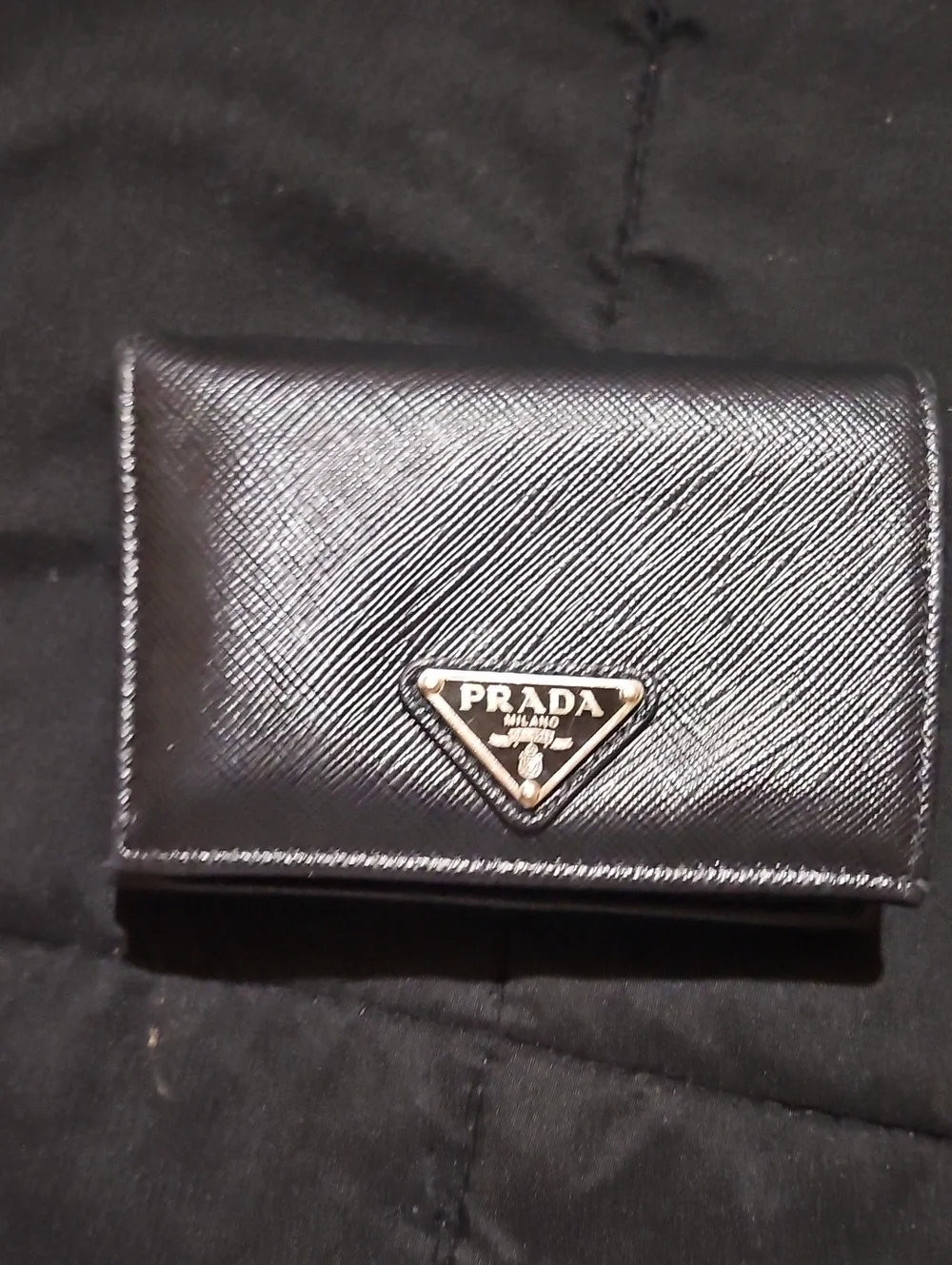 Prada Black Saffiano Tri-fold Card Wallet with Silver Logo